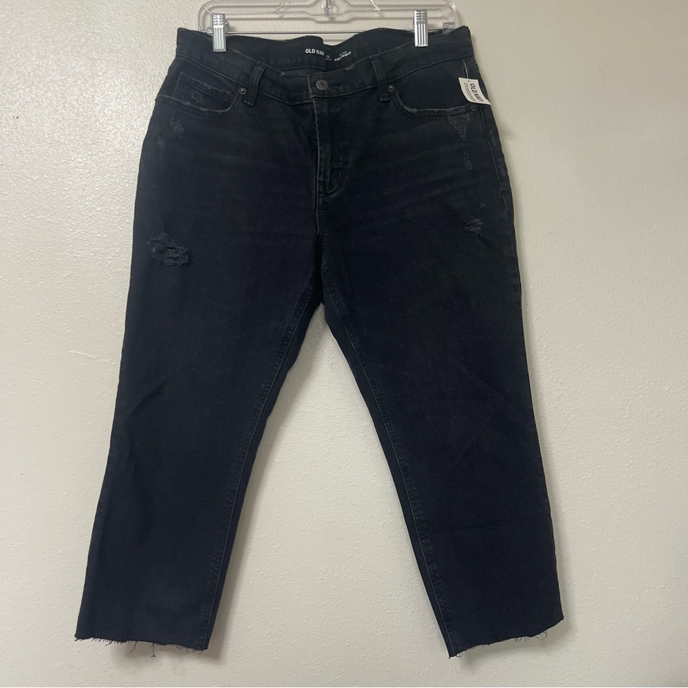 NWT Old Navy Black Distressed Mid-Rise Boyfriend Jeans 12 Petite